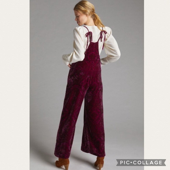 Anthropologie Wide-Leg Velvet Overalls in Plum - Picture 3 of 9
